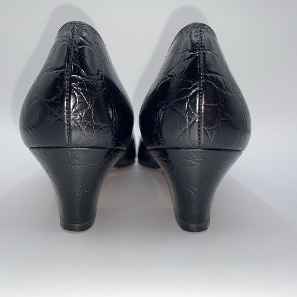 Salvatore Ferragamo Black Leather Croc Print Low Block Heel Slip-On 7.5AA Shoes - Picture 6 of 16